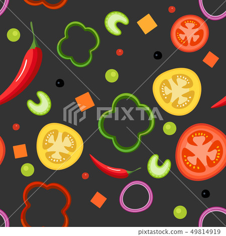 Seamless pattern on dark background with vegetables. Red and yellow tomatoes, paprika, hot peppers 49814919