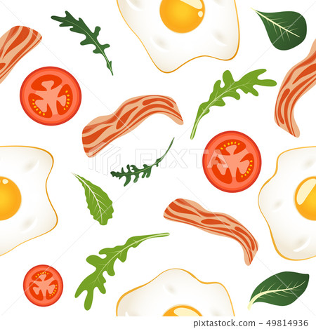 Seamless pattern on white background with fried eggs, bacon, tomatoes and lettuce. Omelet, scrambled 49814936