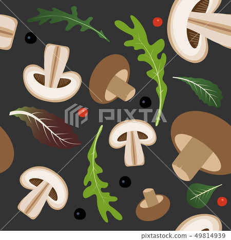 Seamless pattern on dark background with mushrooms and champignon slices. Mushrooms with lettuce and 49814939