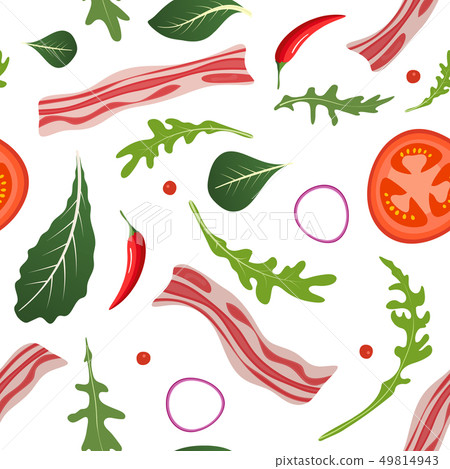 Seamless pattern on white background with bacon, tomatoes, onion and lettuce. Breakfast food. Vector 49814943