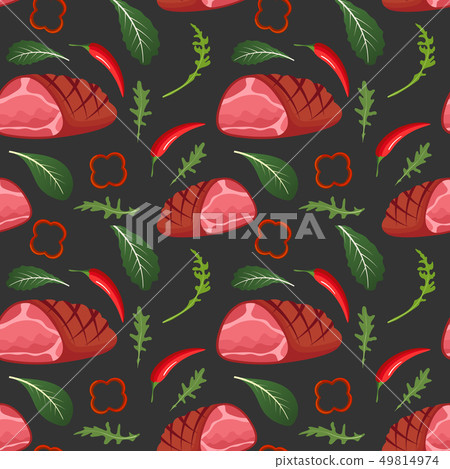 Seamless pattern on dark background with baked glazed ham, paprika, hot pepper, onion and arugula Seamless pattern on dark background with baked glazed ham, paprika, hot pepper, onion and arugula 49814974