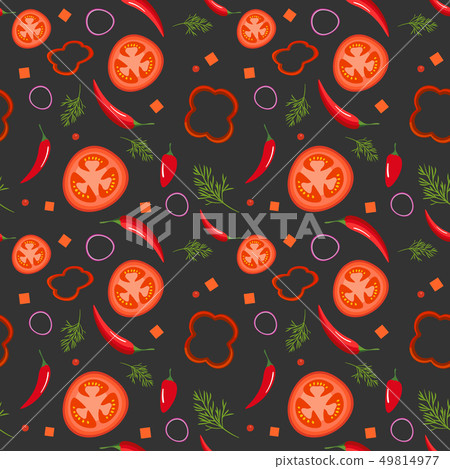 Seamless pattern on dark background with red vegetables. Tomatoes, paprika, hot peppers, onions and 49814977