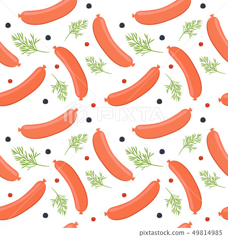 Seamless pattern on white background with sausages. Sausages with dill and peppercorns. Vector 49814985