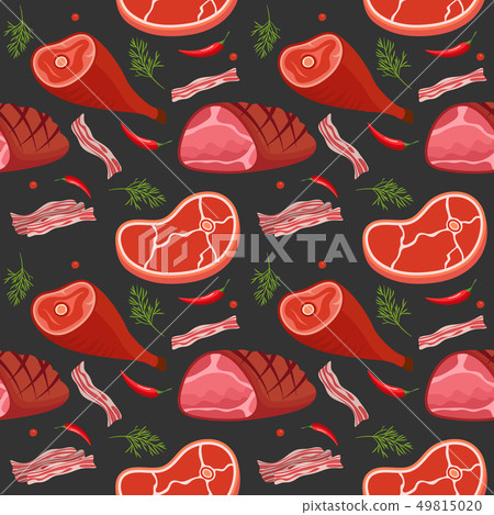 Seamless pattern on dark background with gammon, ham, bacon, steak on the bone, hot pepper and dill 49815020