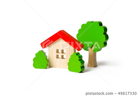 Wooden hut and tree figurines with bushes 49817330