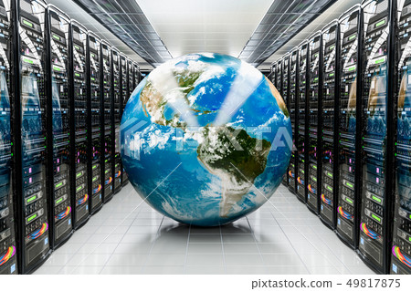 Earth Globe inside data center, server room 49817875