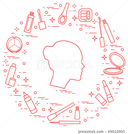 Silhouette of female head and various accessories 49818905