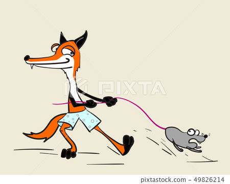 cartoon fox with mouse or rat caught by tail 49826214