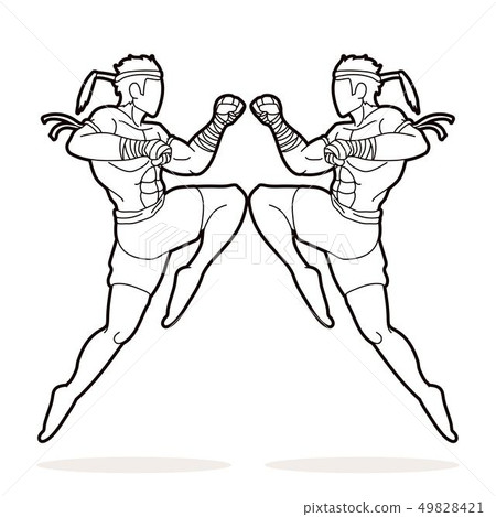 Muay Thai action , Thai boxing jumping to attack  49828421