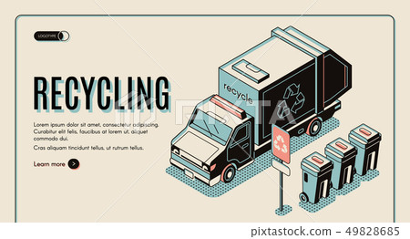 Garbage Recycling Banner With Truck Near Dustbins Stock