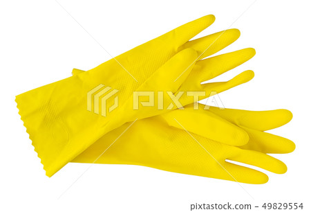 Pair of yellow rubber or latex gloves for housewor 49829554