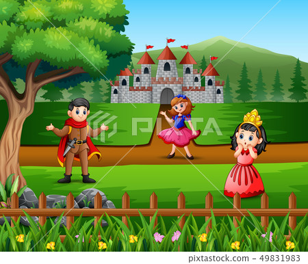 Cartoon prince and princess in front of the castle 49831983