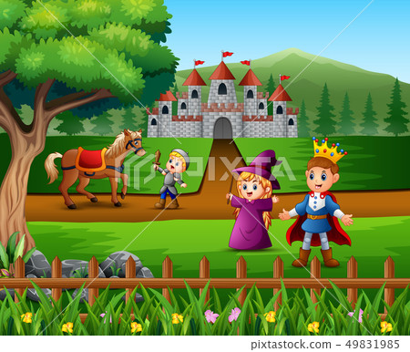 Knight battling a horse to protect the prince 49831985
