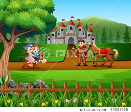 Happy prince with children riding a their horse 49831986