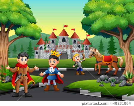 Knight battling a horse to protect the prince 49831994