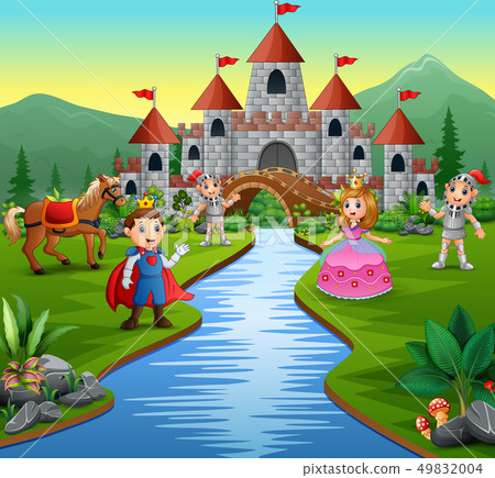 Knight with princess and prince in a castle Knight with princess and prince in a castle 49832004