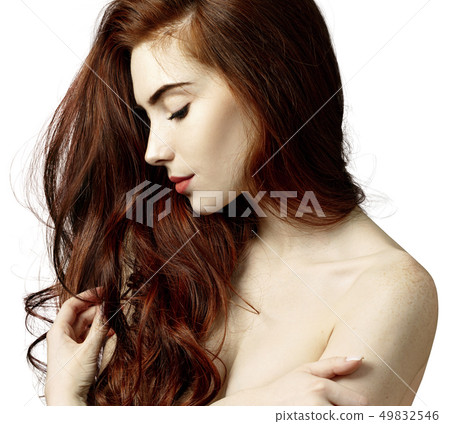 Beauty portrait of redhead woman with perfect skin. Beauty portrait of redhead woman with perfect skin. 49832546