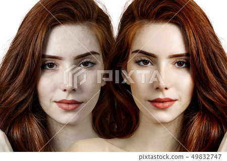Comparison portrait of young woman before and after retouch. 49832747