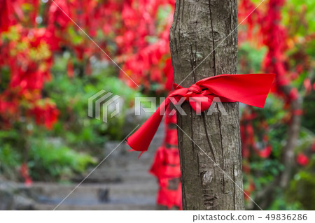Red ribbons on pathway in Tianmenshan nature park 49836286