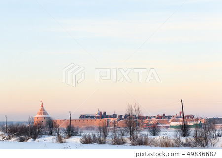 Winter evening view of Oreshek fortress in Shlisselburg, clean sky background Winter evening view of Oreshek fortress in Shlisselburg, clean sky background 49836682