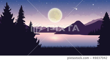 Beautiful Lake At Night With Full Moon And Stock Illustration 49837042 Pixta