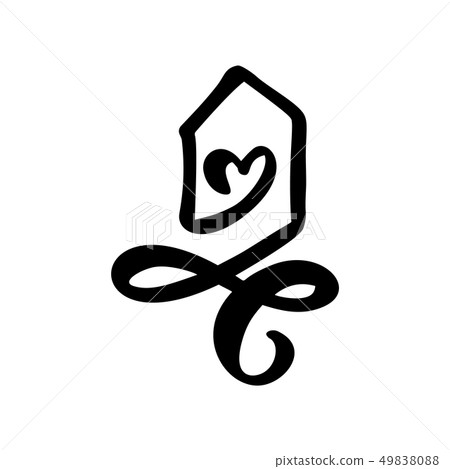 Simple Calligraphy House with heart. Real Vector Icon. Consept comfort and protection. Architecture 49838088
