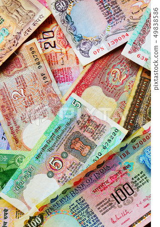 Old India currency notes top view. Old India currency notes top view. 49838586