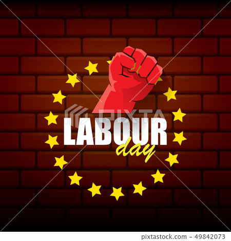 Happy labour day vector label with strong orange fist on red brick wall background. vector happy 49842073