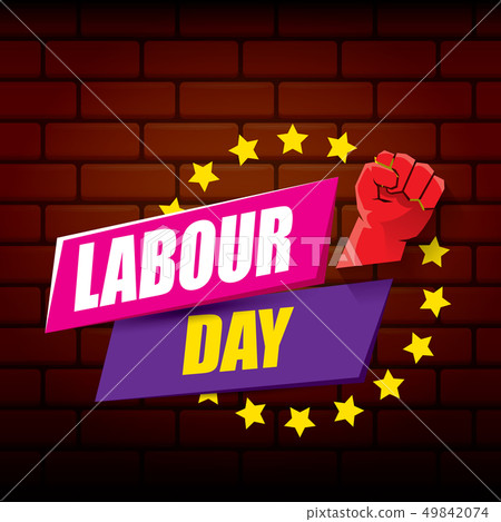 Happy labour day vector label with strong orange fist on red brick wall background. vector happy 49842074