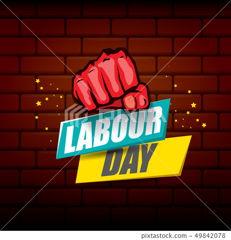 Happy labour day vector label with strong orange fist on red brick wall background. vector happy Happy labour day vector label with strong orange fist on red brick wall background. vector happy 49842078