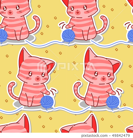 Seamless cute pink cat and blue yarn. Seamless cute pink cat and blue yarn. 49842479
