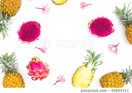Tropical frame of pineapple and dragon fruits 49844121