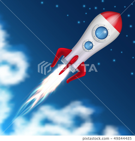 Space rocket take off. Science spaceship launch with blast fire vector illustration Space rocket take off. Science spaceship launch with blast fire vector illustration 49844485