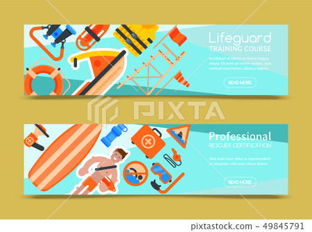 Rescue worker training set of banners vector illustration. Lifeguard equipment. Lifeguard courses Rescue worker training set of banners vector illustration. Lifeguard equipment. Lifeguard courses 49845791