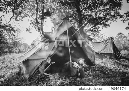 World War II German Wehrmacht Infantry Tent In Forest Camp. WWII WW2 German Ammunition. Photo In 49846174