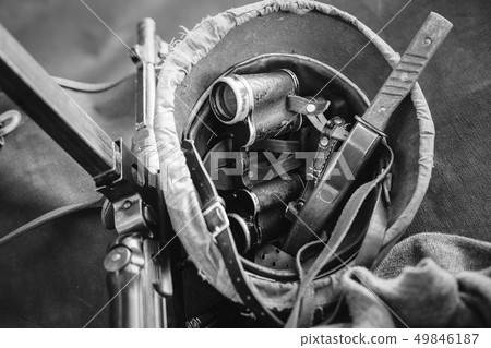 World War II German Wehrmacht Infantry Soldier Army Weapon Ammunition. Helmet, Binoculars 49846187