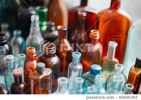 Many Old Medical Glass Capacity. Detail Of Retro Chemical Pharmaceutical Science Researches. Many Many Old Medical Glass Capacity. Detail Of Retro Chemical Pharmaceutical Science Researches. Many 49846365