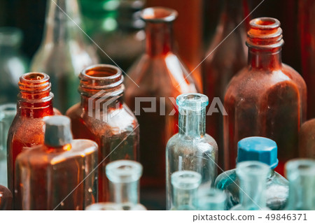 Many Old Medical Glass Capacity. Detail Of Retro Chemical Pharmaceutical Science Researches. Many Many Old Medical Glass Capacity. Detail Of Retro Chemical Pharmaceutical Science Researches. Many 49846371