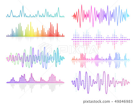 Vector music sound waves set. Audio digital equalizer technology, console panel, pulse musical. Vector music sound waves set. Audio digital equalizer technology, console panel, pulse musical. 49846983