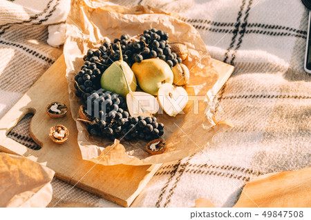 Summer Picnic at sunset on the plaid, food and drink conception lifestyle sunny weather Summer Picnic at sunset on the plaid, food and drink conception lifestyle sunny weather 49847508