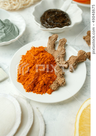 close up of body care cosmetic products with 49848675