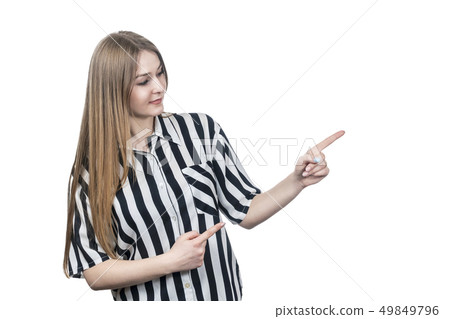 woman in shirt points to the side 49849796