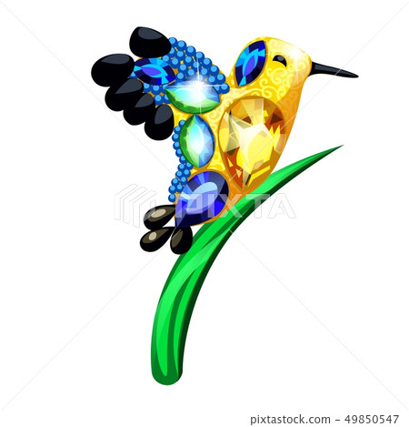 A little golden bird and a blade of grass figurine made of precious stones in the form of a brooch 49850547