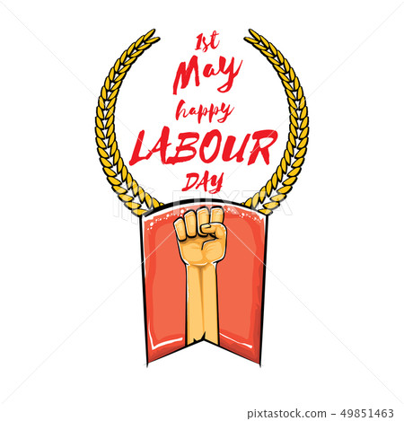 Happy labour day vector label with strong orange fist isolated on white background. vector happy 49851463