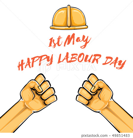 Happy labour day vector label with strong orange fist isolated on white background. vector happy 49851483