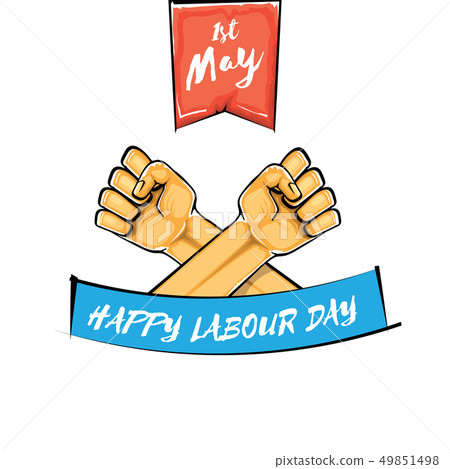Happy labour day vector label with strong orange fist isolated on white background. vector happy 49851498