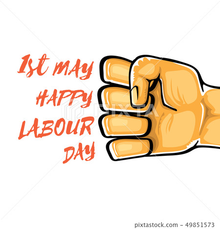 Happy labour day vector label with strong orange fist isolated on white background. vector happy 49851573