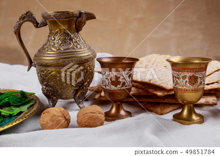 A Jewish Matzah bread with wine. Passover holiday 49851784