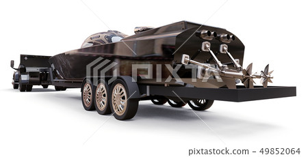 Black truck with a trailer for transporting a racing boat on a white background. 3d rendering. 49852064
