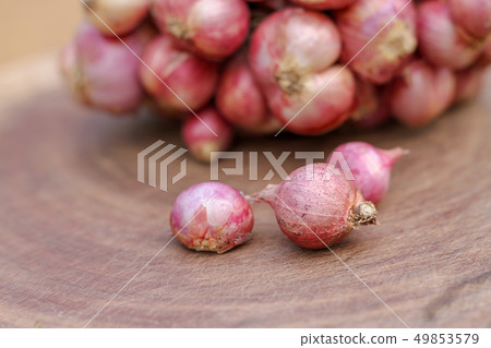 Shallots still on wood background Shallots still on wood background 49853579
